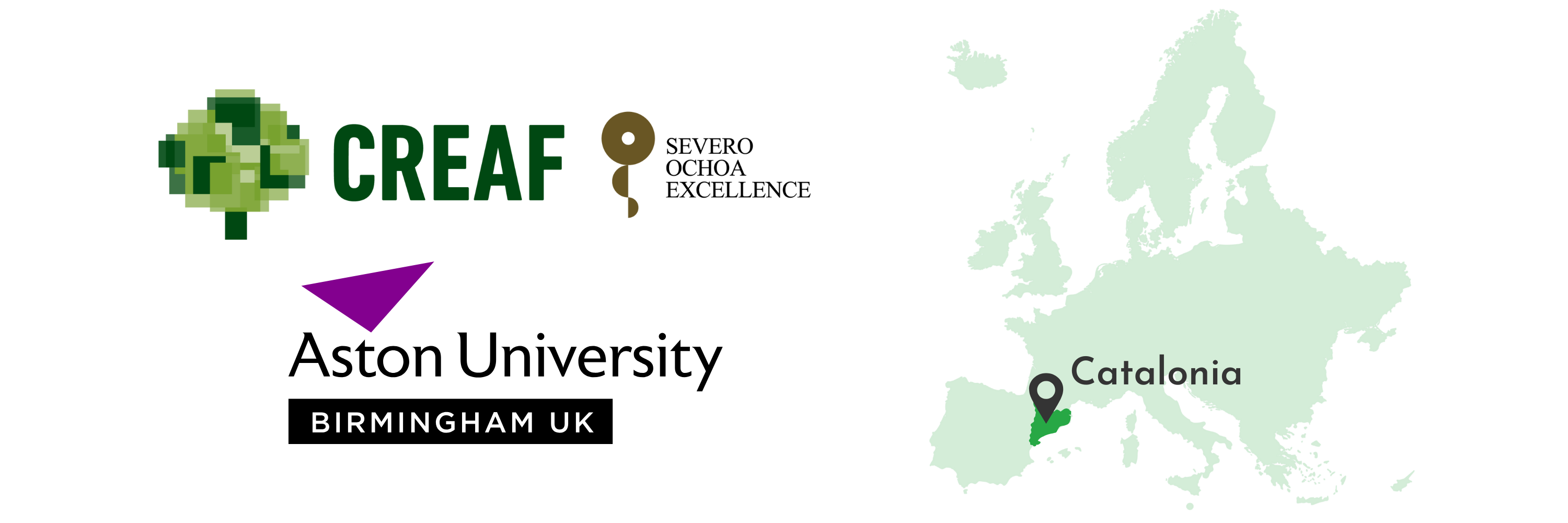 CREAF and Aston University Logos and Catalonia Location in a European map.