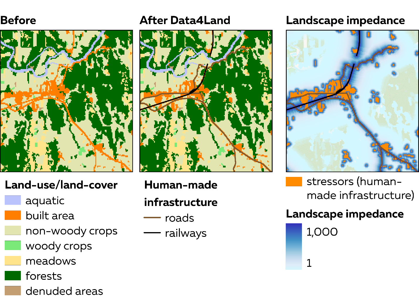 Application of Data4Land tool to habitat connectivity calculation. If you do not consider this road, the forest seems to be a one big connected and diverse habitat, but it is not the case.